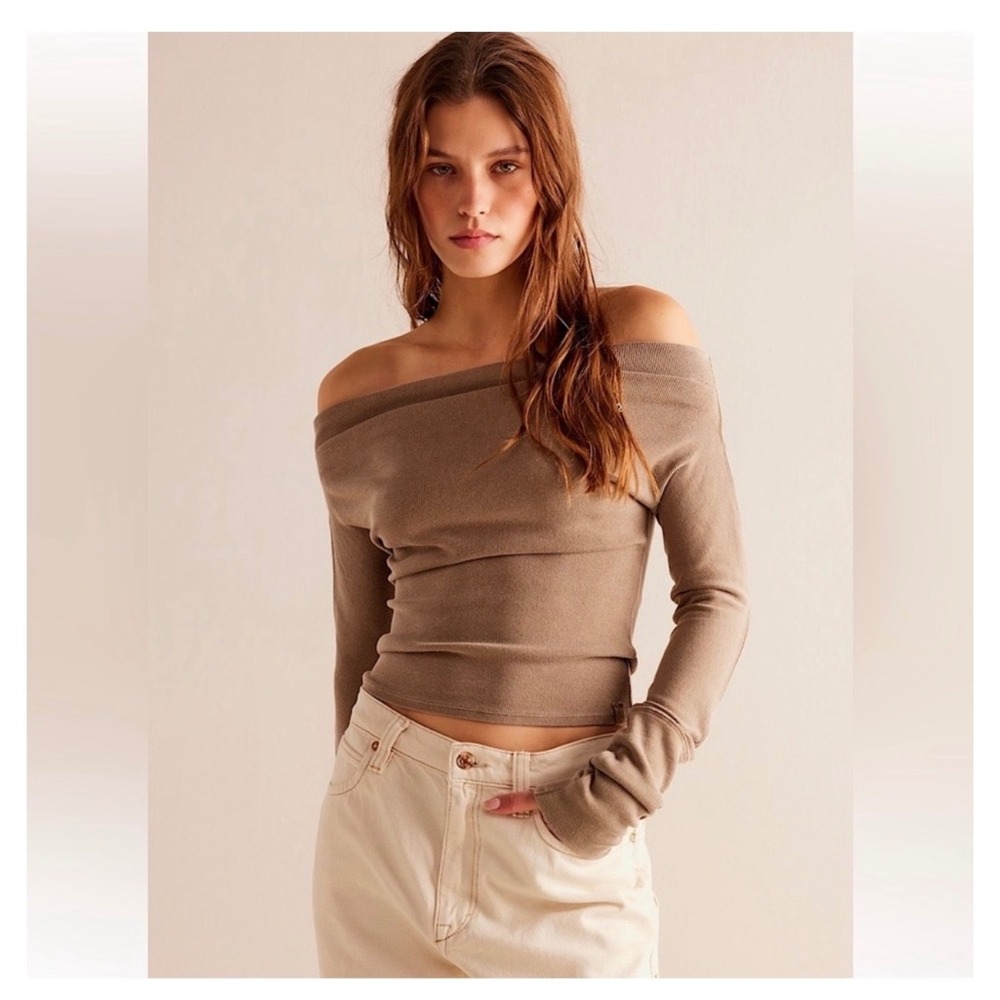 Free People Gigi Long Sleeve XS Brown Off Shoulder Ribbed Knit Top Balletcore
